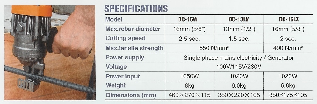 Click here to see the specifications of our Portable Rebar Cutters DIAMOND DC-13 and DC-16 cutter specifications